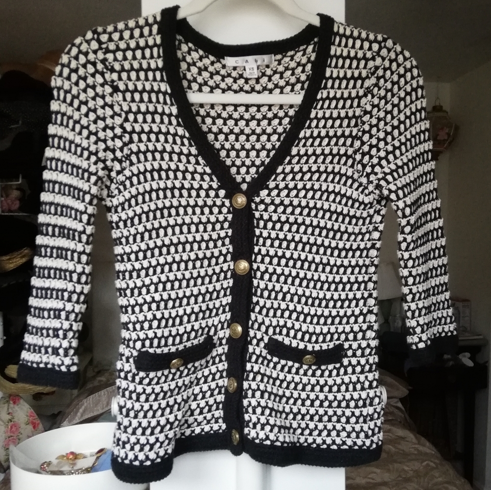 CAbi Black and White Sweater Cardigan